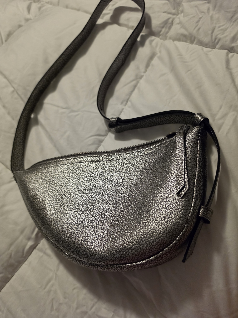 Tessa Metallic Silver Adjustable Bag - Sleek Crescent Shoulder Sling